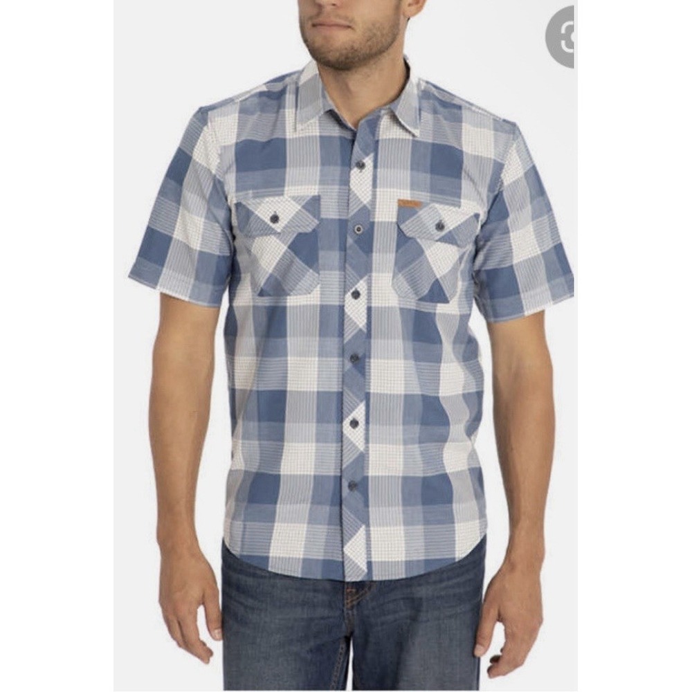 Orvis Mens Tech Fishing Shirt Blue White Plaid UPF 30 Size Large Pockets‎